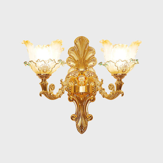 Classic Gold Wall Sconce Light With Ruffle Glass Flower And Curvy Arm