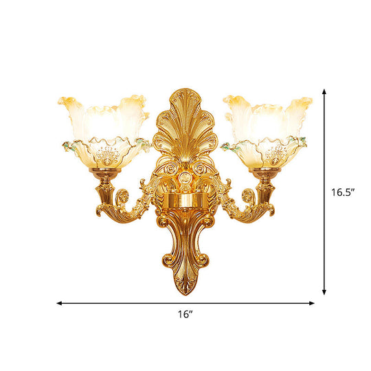 Classic Gold Wall Sconce Light With Ruffle Glass Flower And Curvy Arm