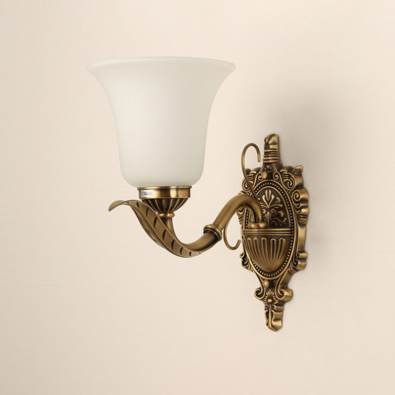 Opal Glass Brass Wall Mount Light - Traditional Style With Carved Backplate 1 Bell Shade