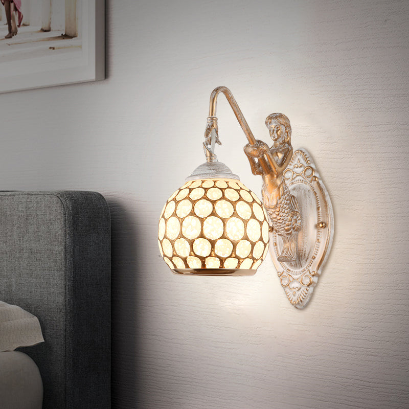 Traditional Style Metal Wall Sconce Light With Resin Mermaid Backplate Sphere Design For Bedroom