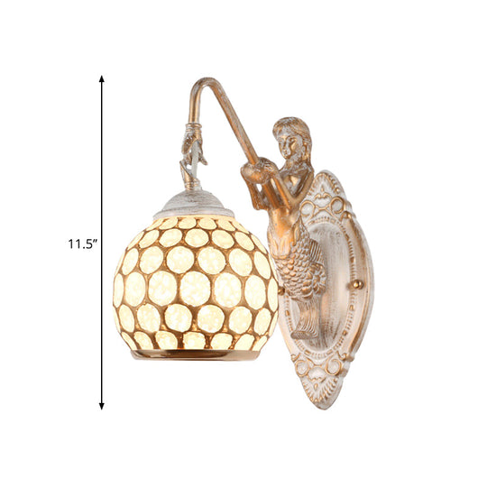 Traditional Style Metal Wall Sconce Light With Resin Mermaid Backplate Sphere Design For Bedroom