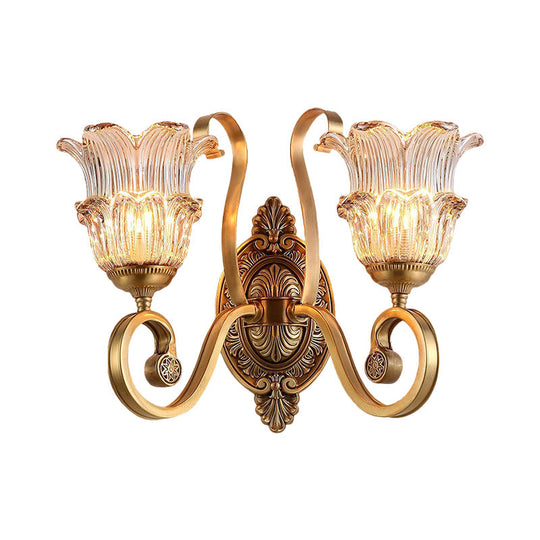 Country-Style Brass Wall Sconce With Crystal Glass Flower Accent And Swooping Arm - 1/2 Bulb Light