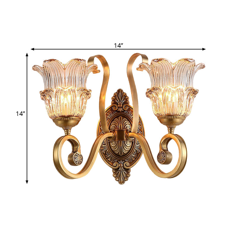Country-Style Brass Wall Sconce With Crystal Glass Flower Accent And Swooping Arm - 1/2 Bulb Light