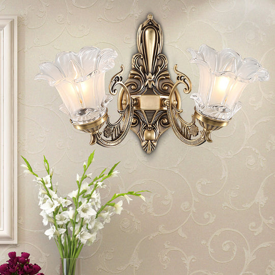 Countryside Flower Shaped Wall Lamp With Clear Ridged Glass And Brass Bulbs