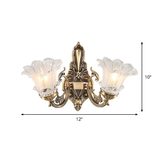 Countryside Flower Shaped Wall Lamp With Clear Ridged Glass And Brass Bulbs