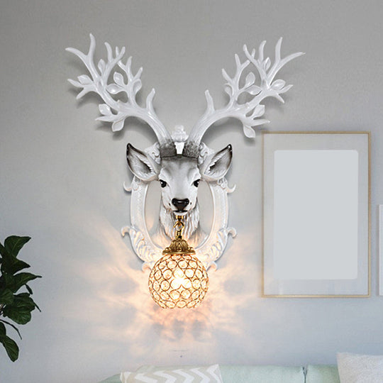 Retro-Style Deer Head Wall Sconce: Resin 1-Light White Lamp With Crystal Shade