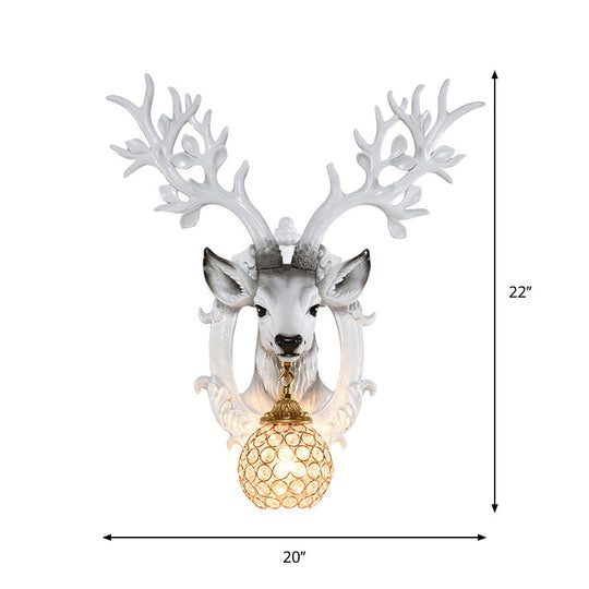 Retro-Style Deer Head Wall Sconce: Resin 1-Light White Lamp With Crystal Shade