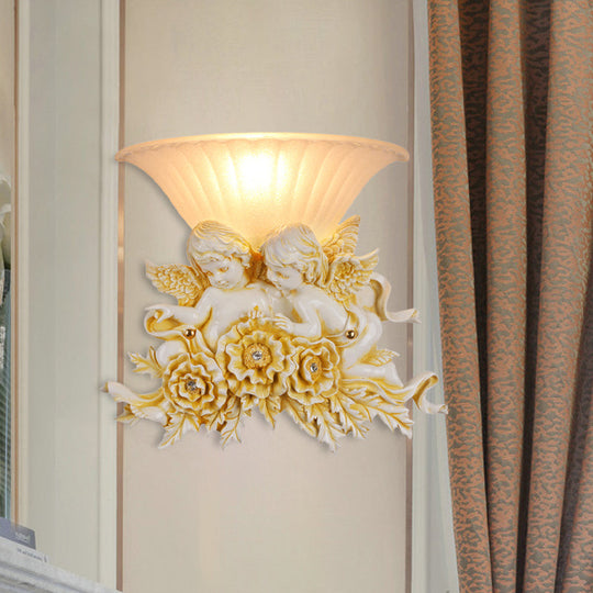 Rustic Gold/Beige Opal Fluted Glass Wall Light With Dual Angels Decor - Mounted Lamp Beige