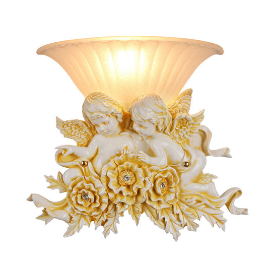 Rustic Gold/Beige Opal Fluted Glass Wall Light With Dual Angels Decor - Mounted Lamp