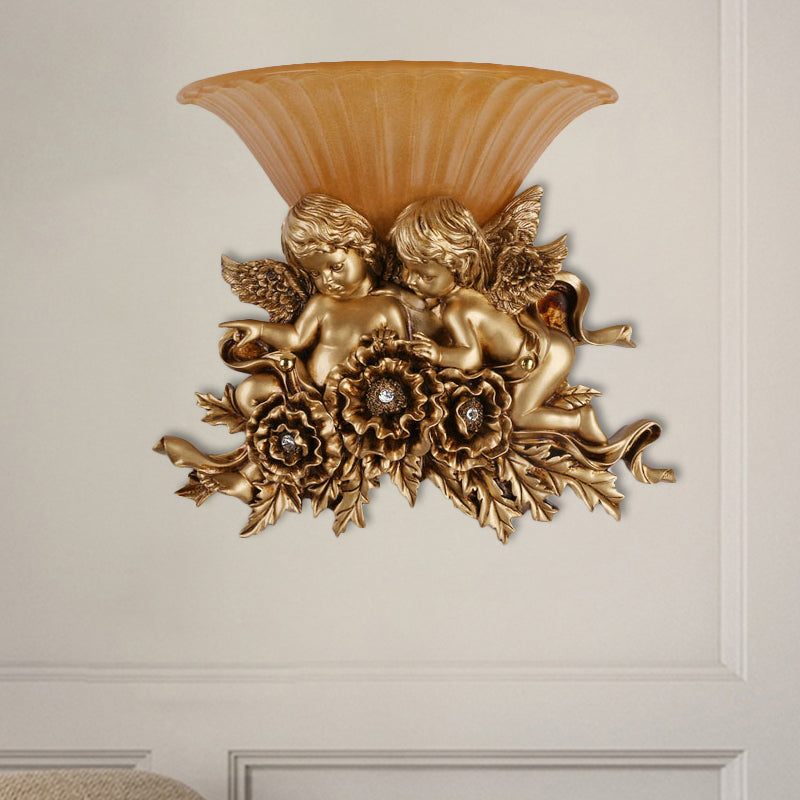 Rustic Gold/Beige Opal Fluted Glass Wall Light With Dual Angels Decor - Mounted Lamp Gold