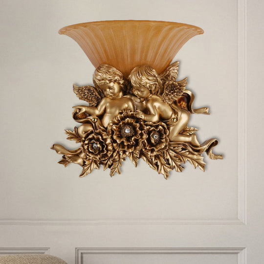 Rustic Gold/Beige Opal Fluted Glass Wall Light With Dual Angels Decor - Mounted Lamp Gold