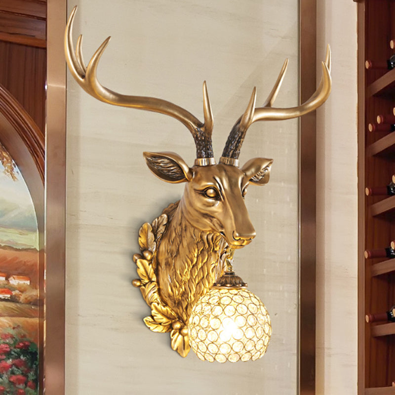 Gold Farmhouse Sconce Light With Faceted Crystal Sphere And Sika Deer Head Design