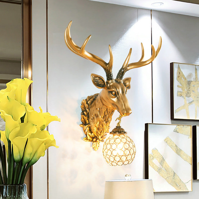 Gold Farmhouse Sconce Light With Faceted Crystal Sphere And Sika Deer Head Design