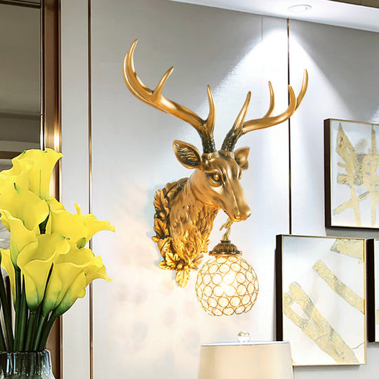 Gold Farmhouse Sconce Light With Faceted Crystal Sphere And Sika Deer Head Design