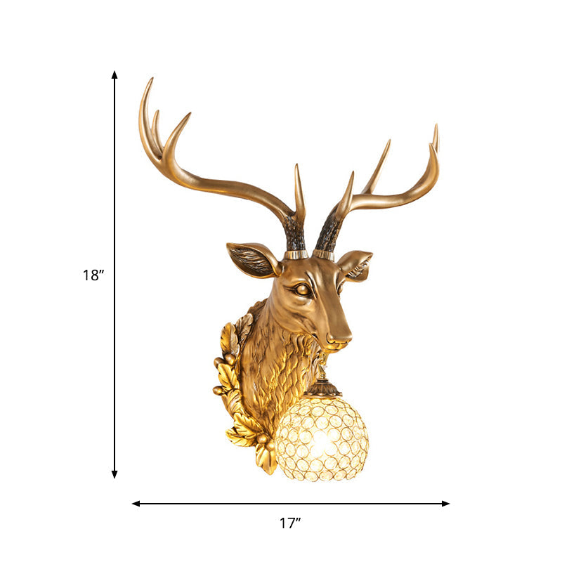Gold Farmhouse Sconce Light With Faceted Crystal Sphere And Sika Deer Head Design