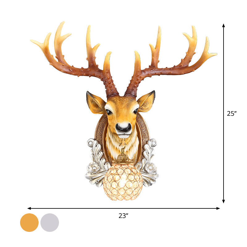 Grey/Yellow Deer Head Wall Sconce With Beveled K9 Crystal For Living Room