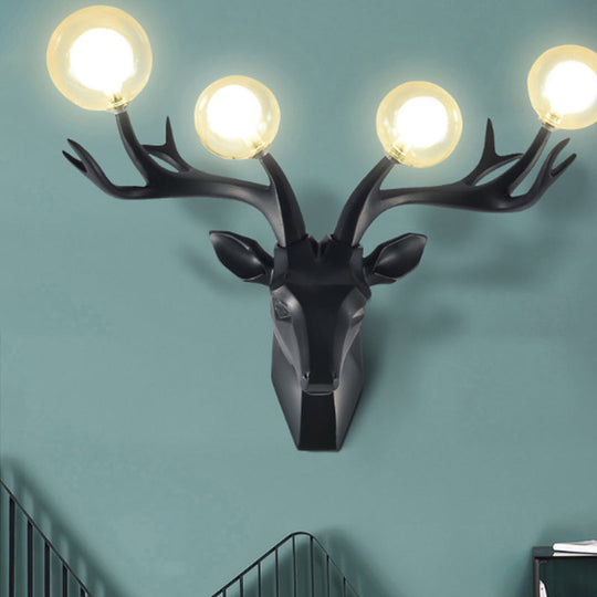 Classic Style Sika Deer Wall Lamp With Clear Crystal Shade - 4 Heads Black/White/Blue Resin For