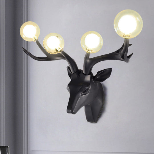 Classic Style Sika Deer Wall Lamp With Clear Crystal Shade - 4 Heads Black/White/Blue Resin For