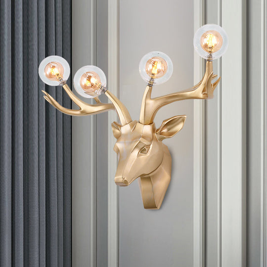 Classic Style Sika Deer Wall Lamp With Clear Crystal Shade - 4 Heads Black/White/Blue Resin For