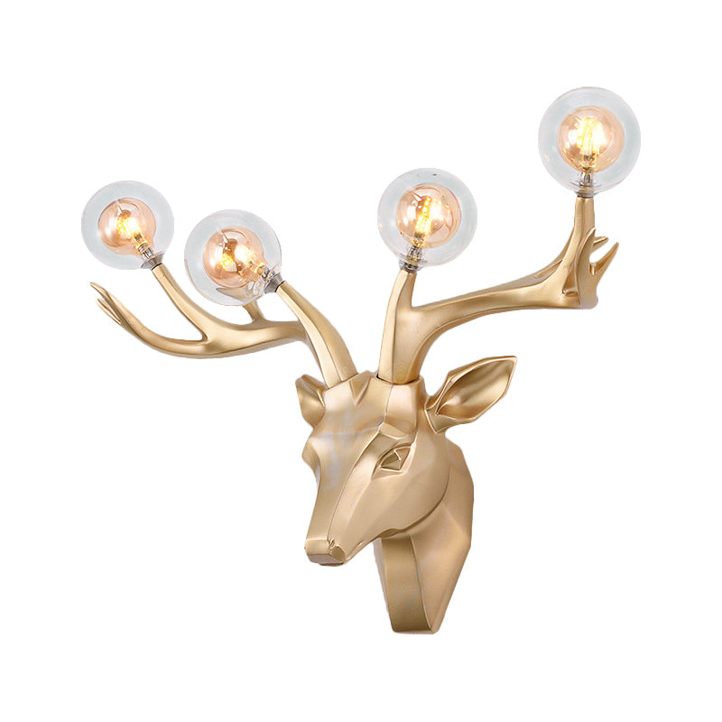 Classic Style Sika Deer Wall Lamp With Clear Crystal Shade - 4 Heads Black/White/Blue Resin For