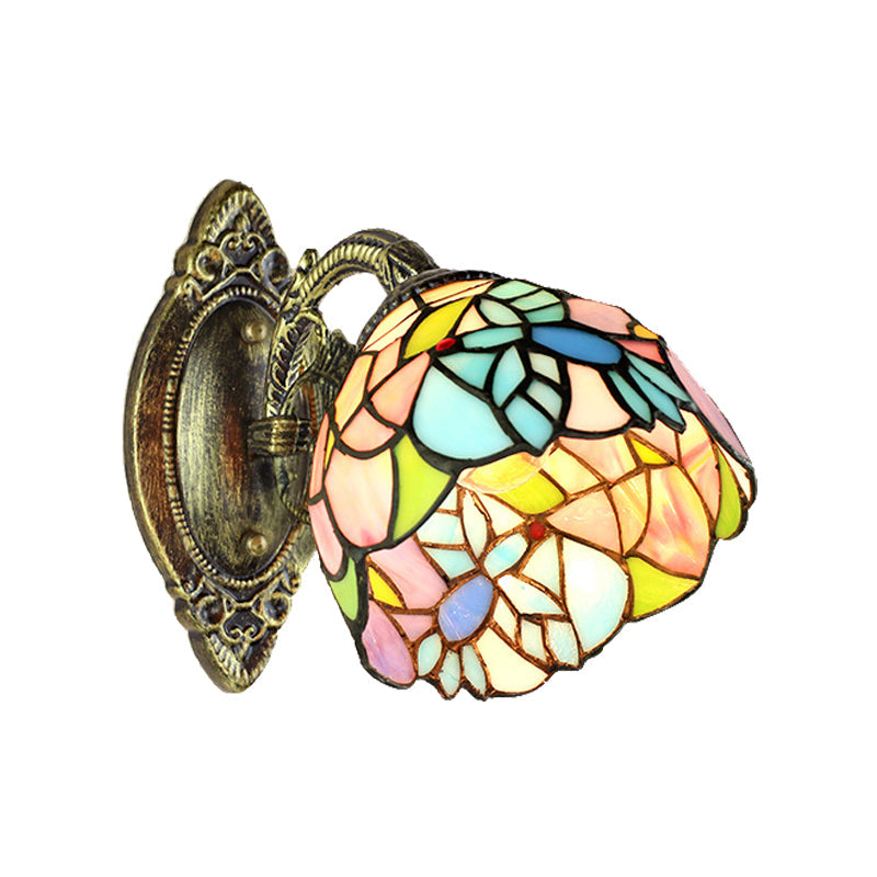 Tiffany Stained Glass Wall Sconce With Curved Brass Arm & One Light