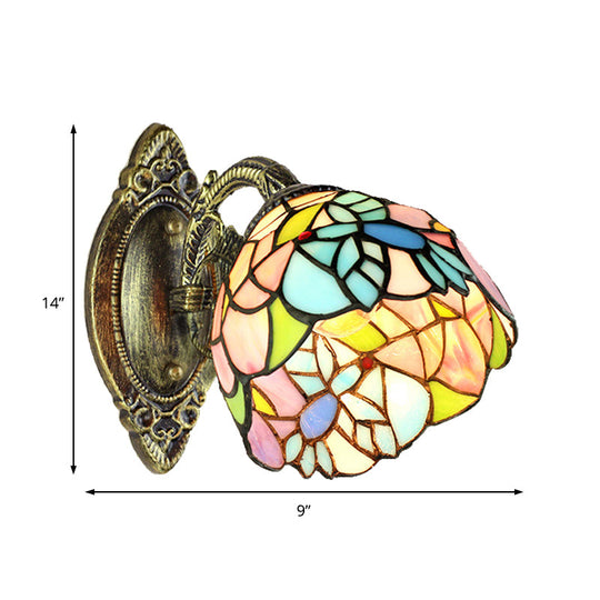 Tiffany Stained Glass Wall Sconce With Curved Brass Arm & One Light