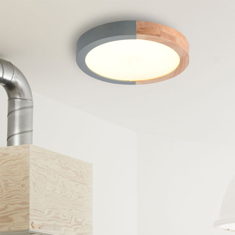 Modern Drum Flush Mount Light With Wood And Acrylic Shade For Kids Bedroom Green / 12’ White