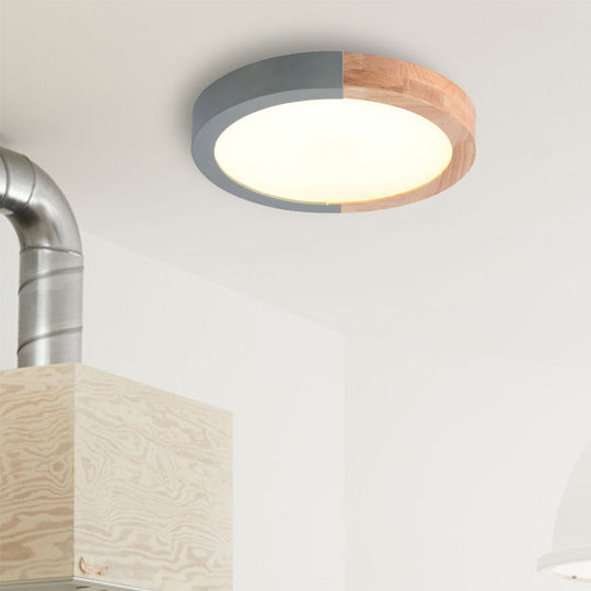 Modern Drum Flush Mount Light With Wood And Acrylic Shade For Kids Bedroom Green / 12’ White