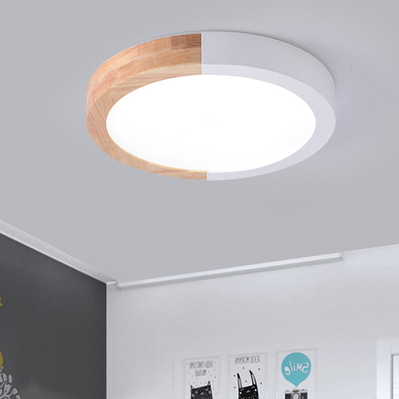 Modern Drum Flush Mount Light With Wood And Acrylic Shade For Kids Bedroom White / 12
