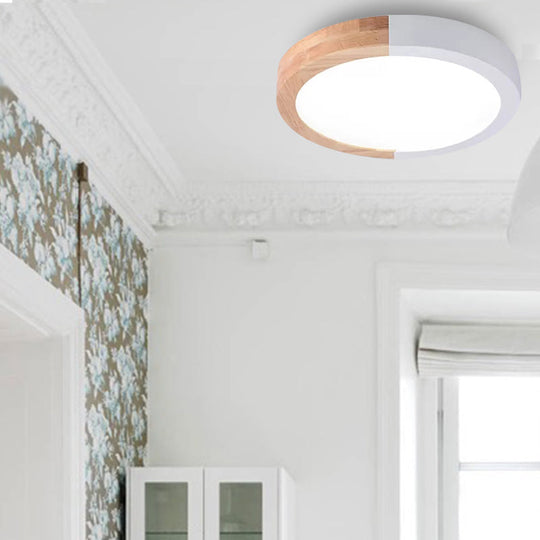 Modern Drum Flush Mount Light With Wood And Acrylic Shade For Kids Bedroom