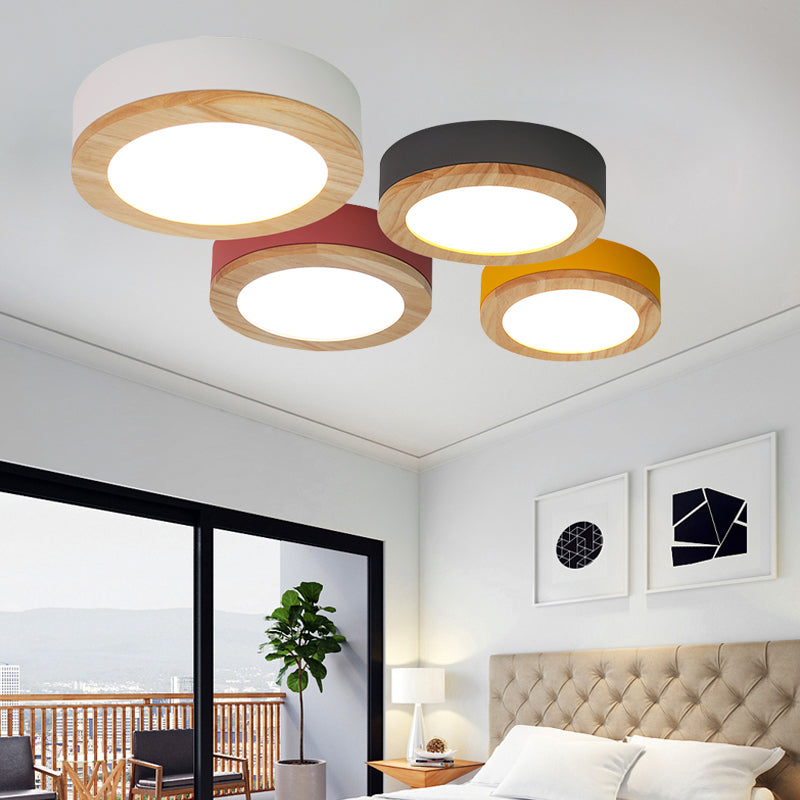 Kids Drum Ceiling Light With Wood And Acrylic Shade - Ideal Bedroom Flush Mount Fixture