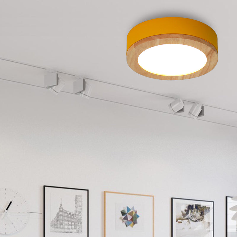 Kids Drum Ceiling Light With Wood And Acrylic Shade - Ideal Bedroom Flush Mount Fixture Yellow / 12