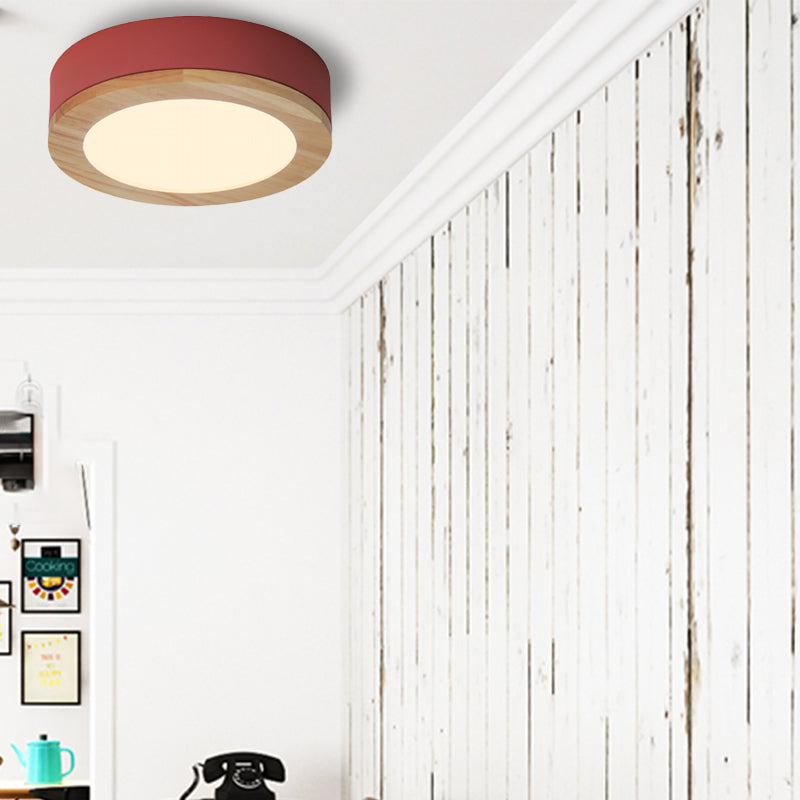 Kids Drum Ceiling Light With Wood And Acrylic Shade - Ideal Bedroom Flush Mount Fixture