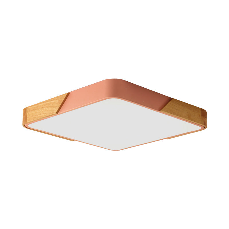 Kids Bedroom Ceiling Light - Nordic Green Square Flush Mount With Wood And Acrylic Shade Pink / 12