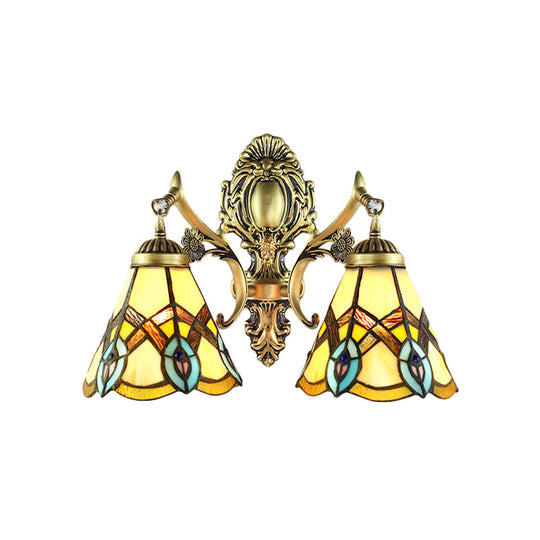 Rustic Tiffany Stained Glass Sconce Lighting - Indoor Wall Light With Aged Brass Finish