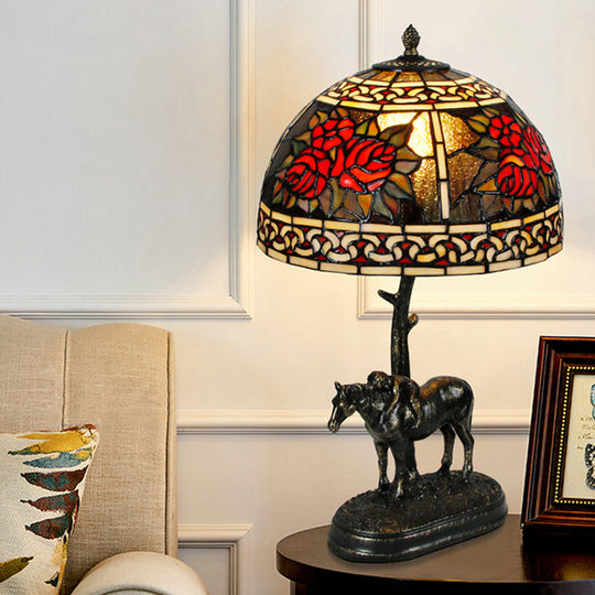 Rastaban - Vintage Stained Glass Bronze Desk Lamp Bowl 1-Bulb Night Table Light With Boy On Horse
