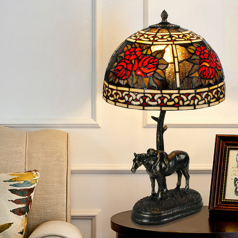 Vintage Stained Glass Bronze Desk Lamp 1-Bulb Night Table Light With Boy On Horse Decoration