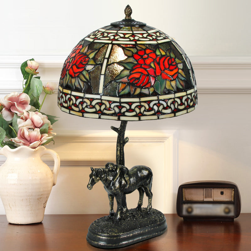 Rastaban - Vintage Stained Glass Bronze Desk Lamp Bowl 1-Bulb Night Table Light With Boy On Horse
