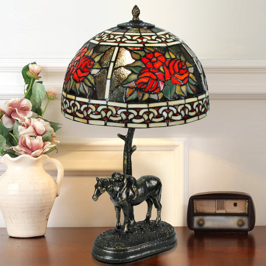 Rastaban - Vintage Stained Glass Bronze Desk Lamp Bowl 1-Bulb Night Table Light With Boy On Horse