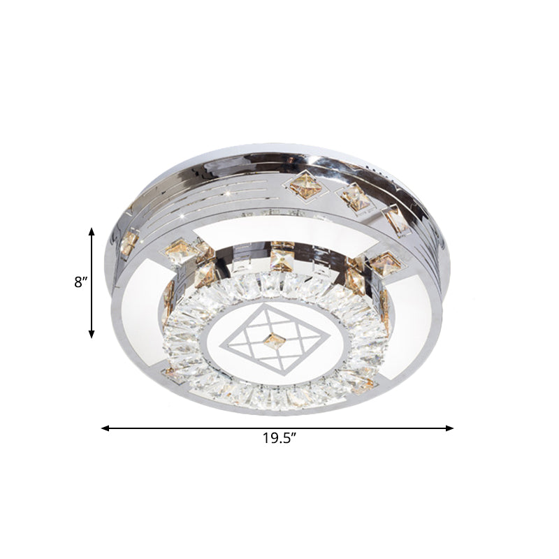 Modern Chrome Led Round Flush Mount Crystal Ceiling Light In Warm/White 19.5’/31.5’ Wide