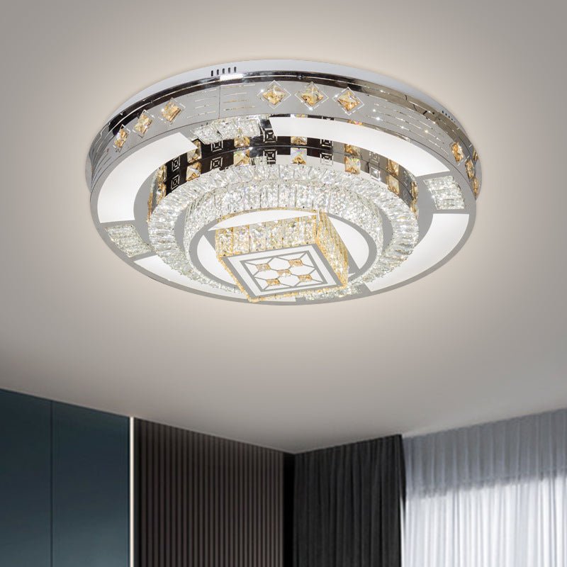 Modern Chrome Led Round Flush Mount Crystal Ceiling Light In Warm/White 19.5’/31.5’ Wide /