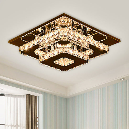 Contemporary 2 - Tier Crystal Ceiling Fixture - 12’/26.5’ Wide Stainless - Steel Led Flush