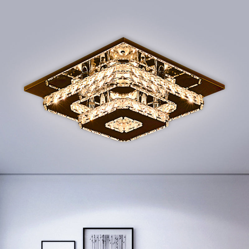 Contemporary 2 - Tier Crystal Ceiling Fixture - 12’/26.5’ Wide Stainless - Steel Led Flush