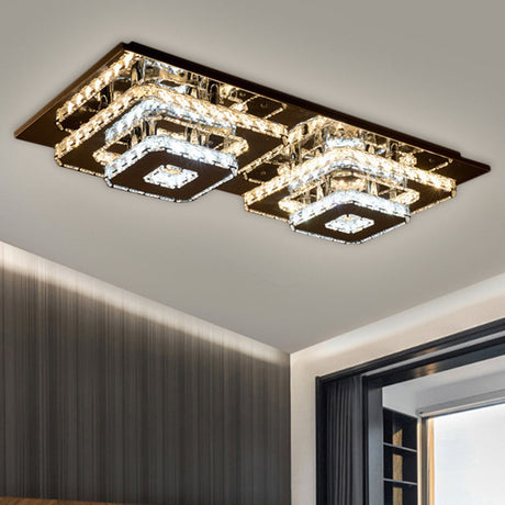 Contemporary 2-Tier Crystal Ceiling Fixture - 12/26.5 Wide Stainless-Steel Led Flush Mount Lighting