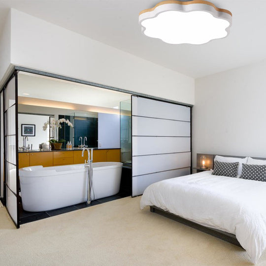 Wooden Ceiling Light With Floral Shade - Flush Mount For Kids Bedroom