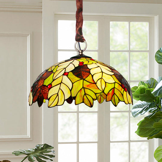 Tiffany Style Yellow Chandelier Light: Handcrafted Art Glass Drop Lamp With Jewel Deco - 3-Head