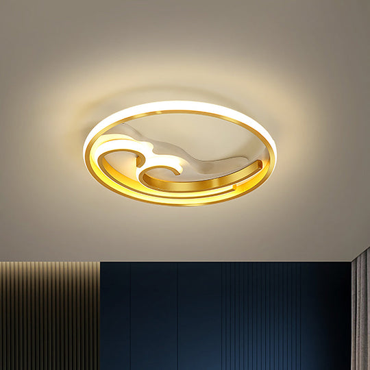 Metallic Led Nordic Flush Light Fixture - Waves Bedroom Semi Mount Lighting In Gold/Black - Gold