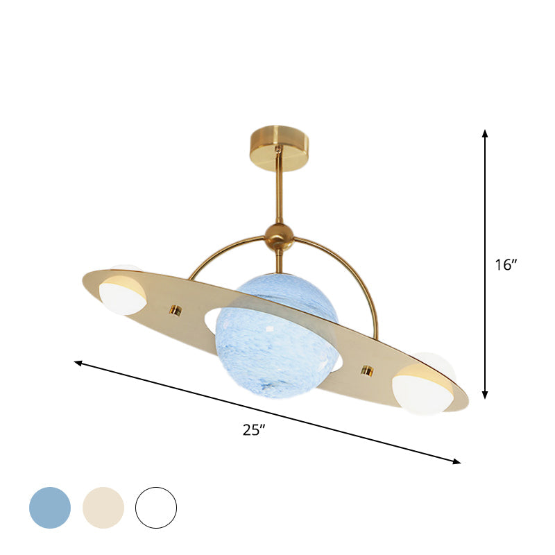 Saturn Semi Flush Ceiling Light - Cartoon White Glass 2 Bulbs White/Beige/Blue