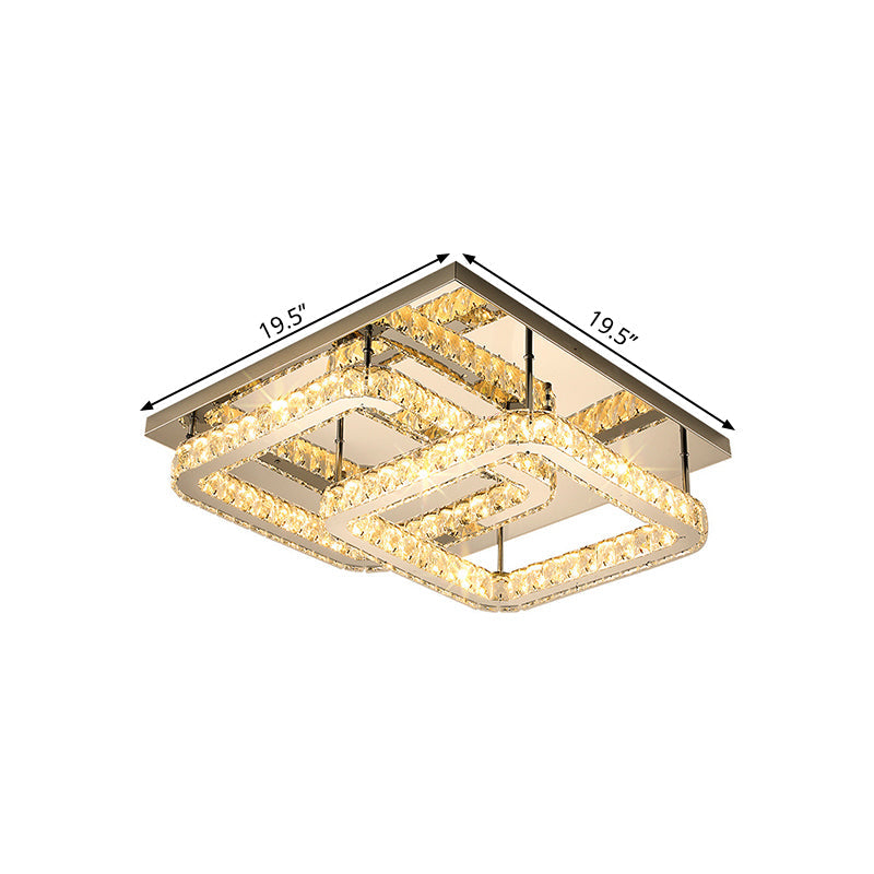 Modern Crystal Led Ceiling Light In Warm/White - Square Cut Design 19.5’/23.5’ Width Chrome Finish