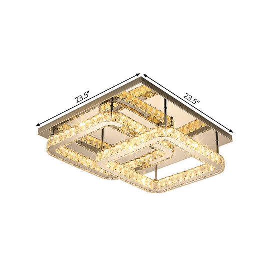 Modern Crystal Led Ceiling Light In Warm/White - Square Cut Design 19.5’/23.5’ Width Chrome Finish